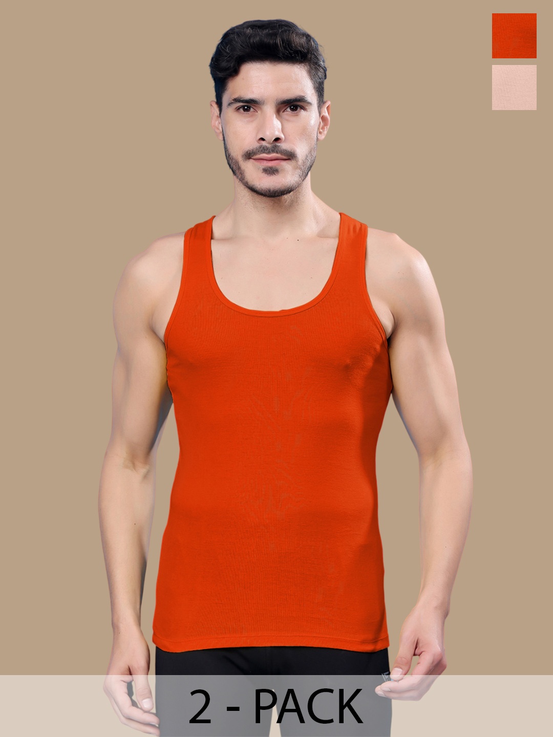 

Friskers Men Pack Of 2 Cotton Ribbed Gym Vest, Orange