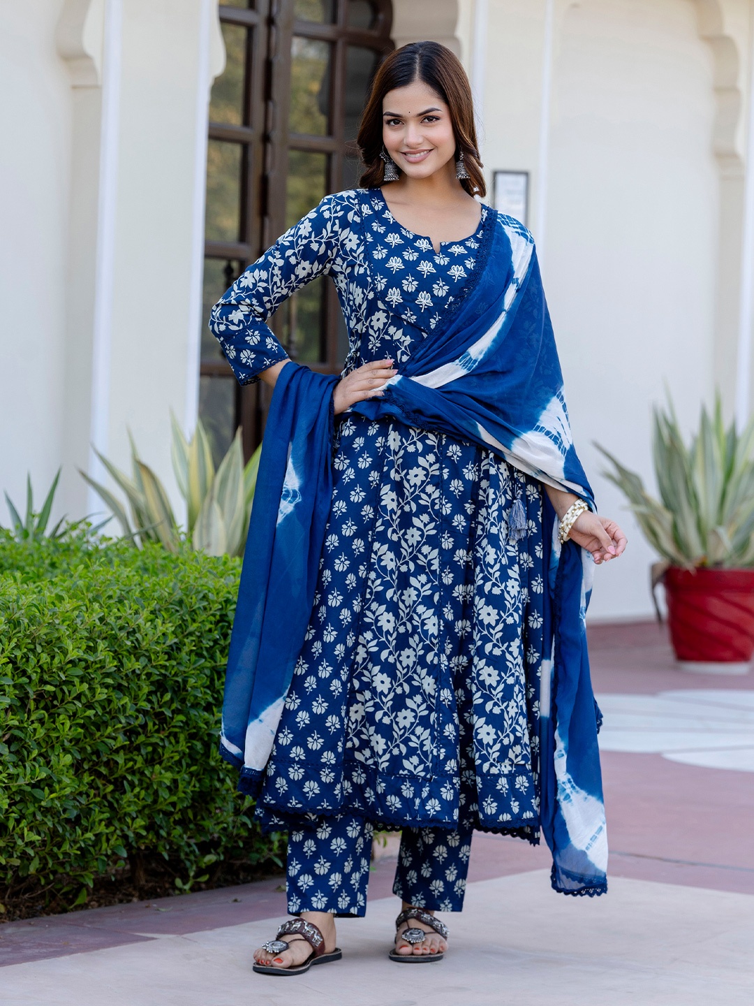 

Anouk Blue Floral Printed Pure Cotton Empire Anarkali Kurta With Trousers & Dupatta