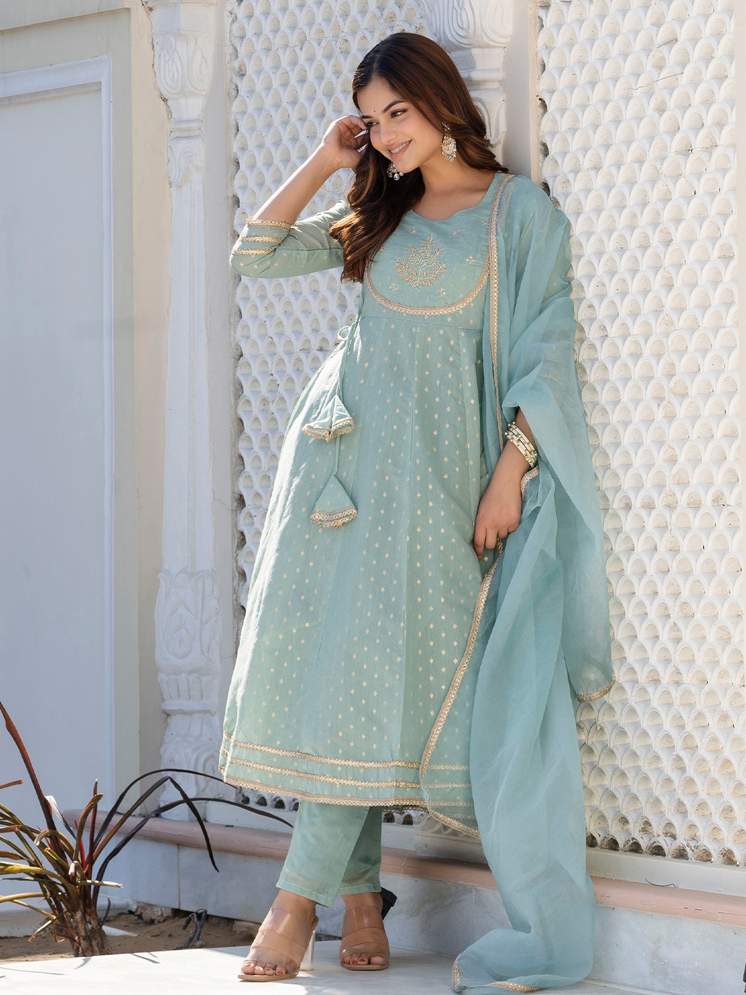 

Anouk Blue Ethnic Motifs Woven Chanderi Silk Anarkali Kurta With Trouser And Dupatta