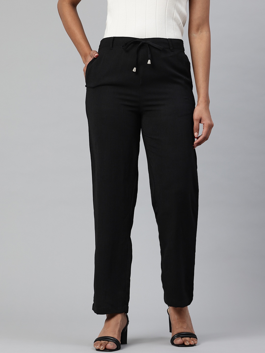 

Popnetic Women Textured High-Rise Straight Fit Parallel Trousers, Black