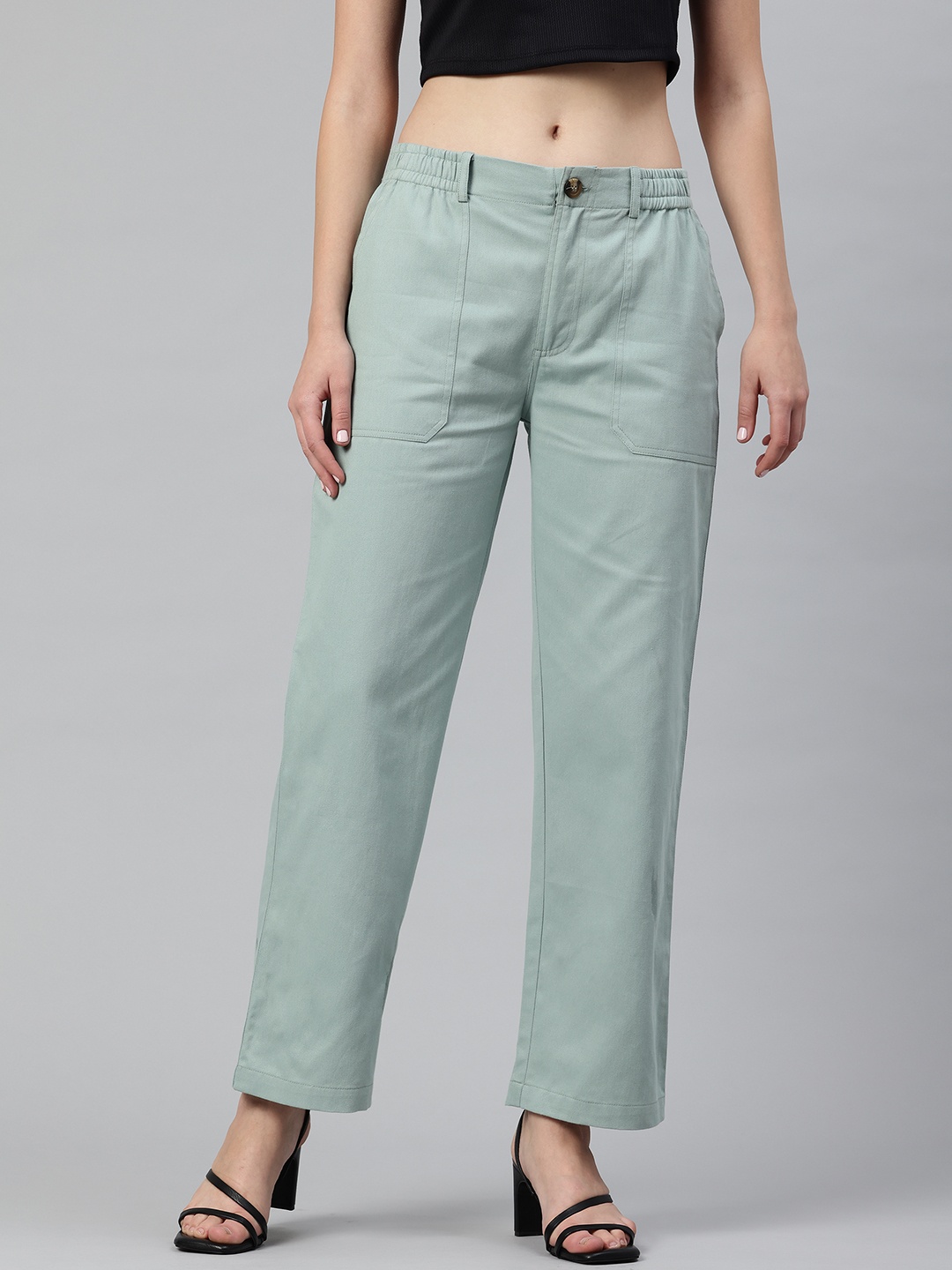 

Popnetic Women High-Rise Pure Cotton Trousers, Sea green