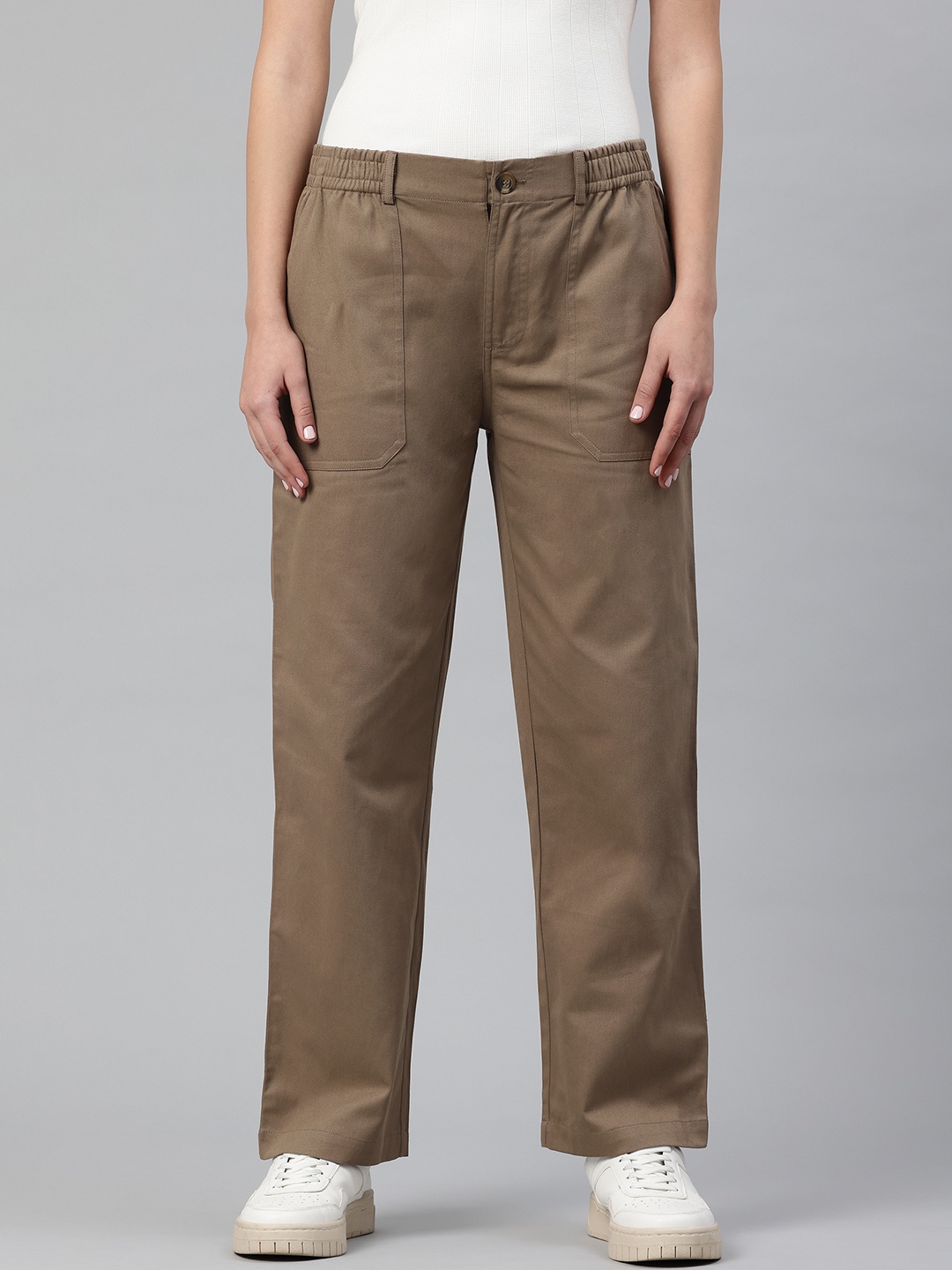 

Popnetic Women High-Rise Pure Cotton Trousers, Taupe