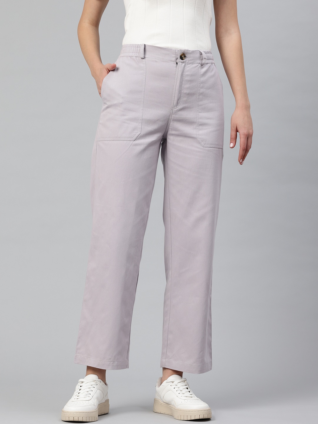 

Popnetic Women High-Rise Pure Cotton Trousers, Grey