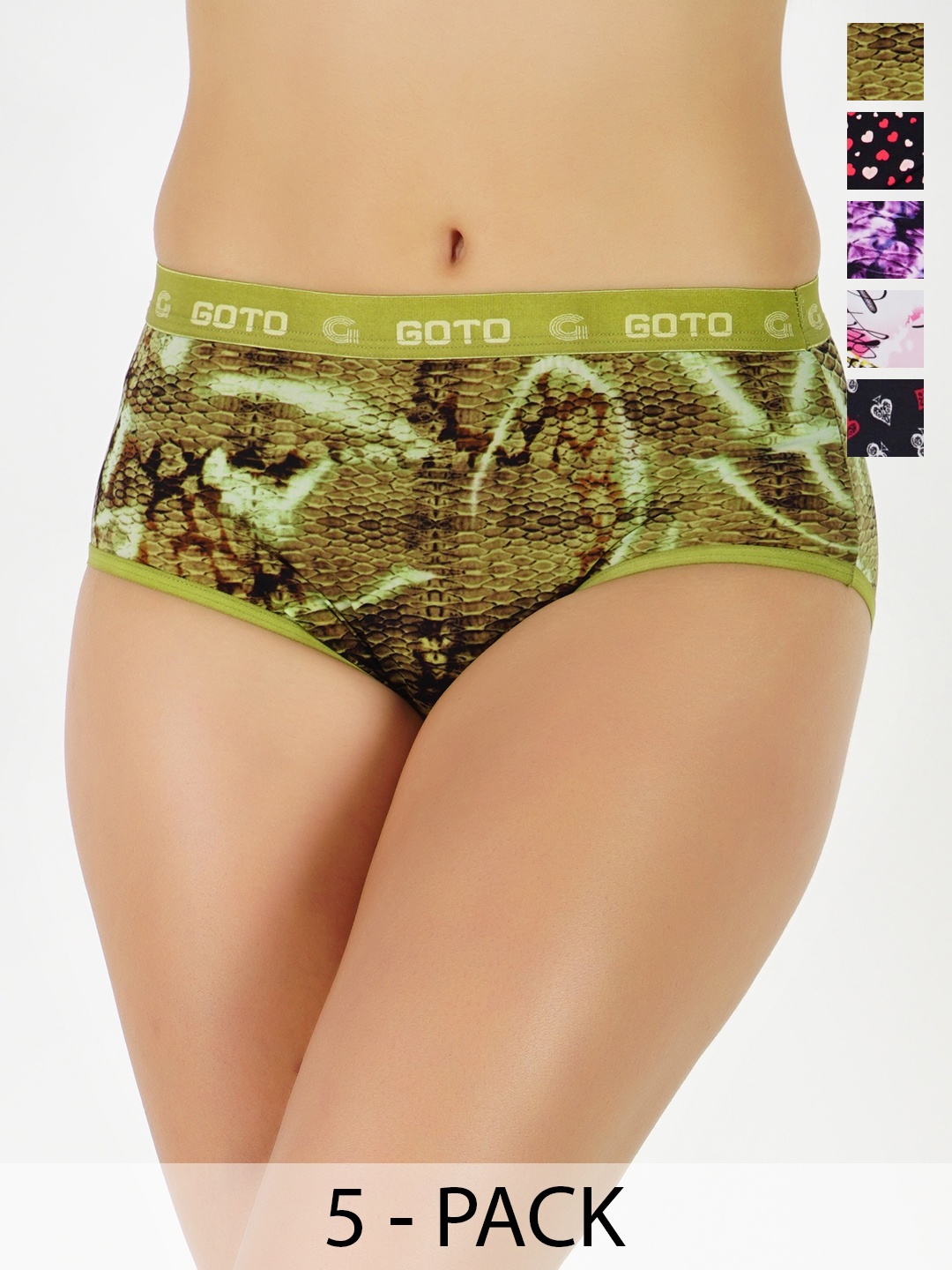 

GOTO Women Pack Of 5 Printed Bikini Briefs nylon print outer elastic 5ps, Green