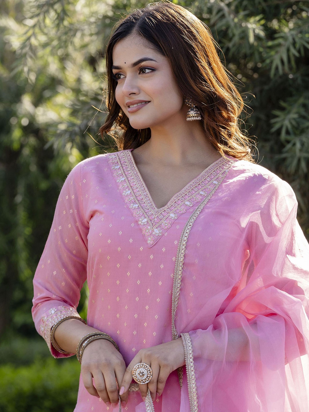 

EthniFlair Floral Embroidered V-Neck Chanderi Silk Straight Kurta with Trousers & Dupatta, Pink