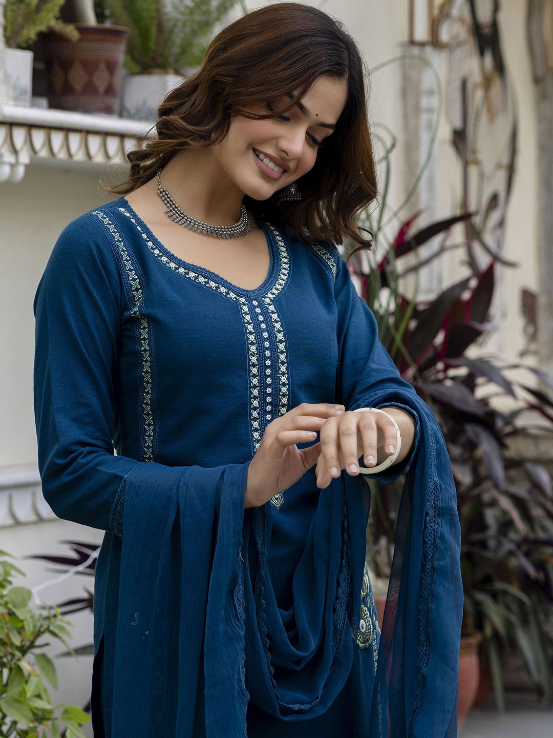 

EthniFlair Floral Embroidered V-Neck Straight Kurta With Trousers & Dupatta, Blue