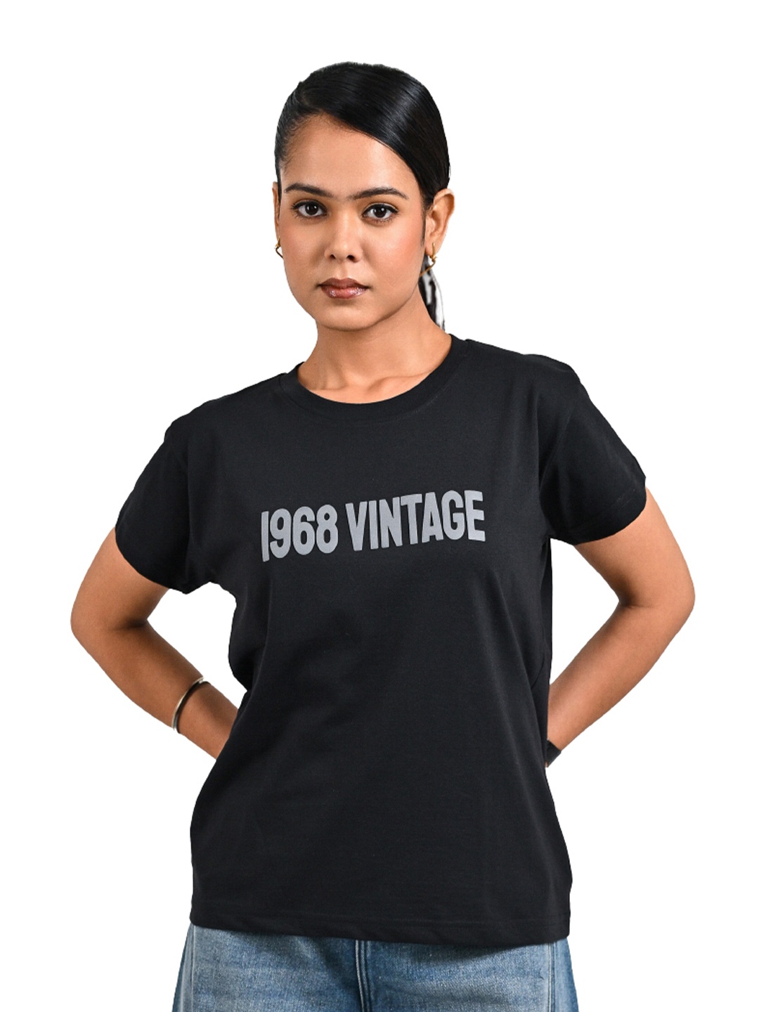 

1968 Vintage Jeans Women Typography Printed Round Neck Cotton T-shirt, Black