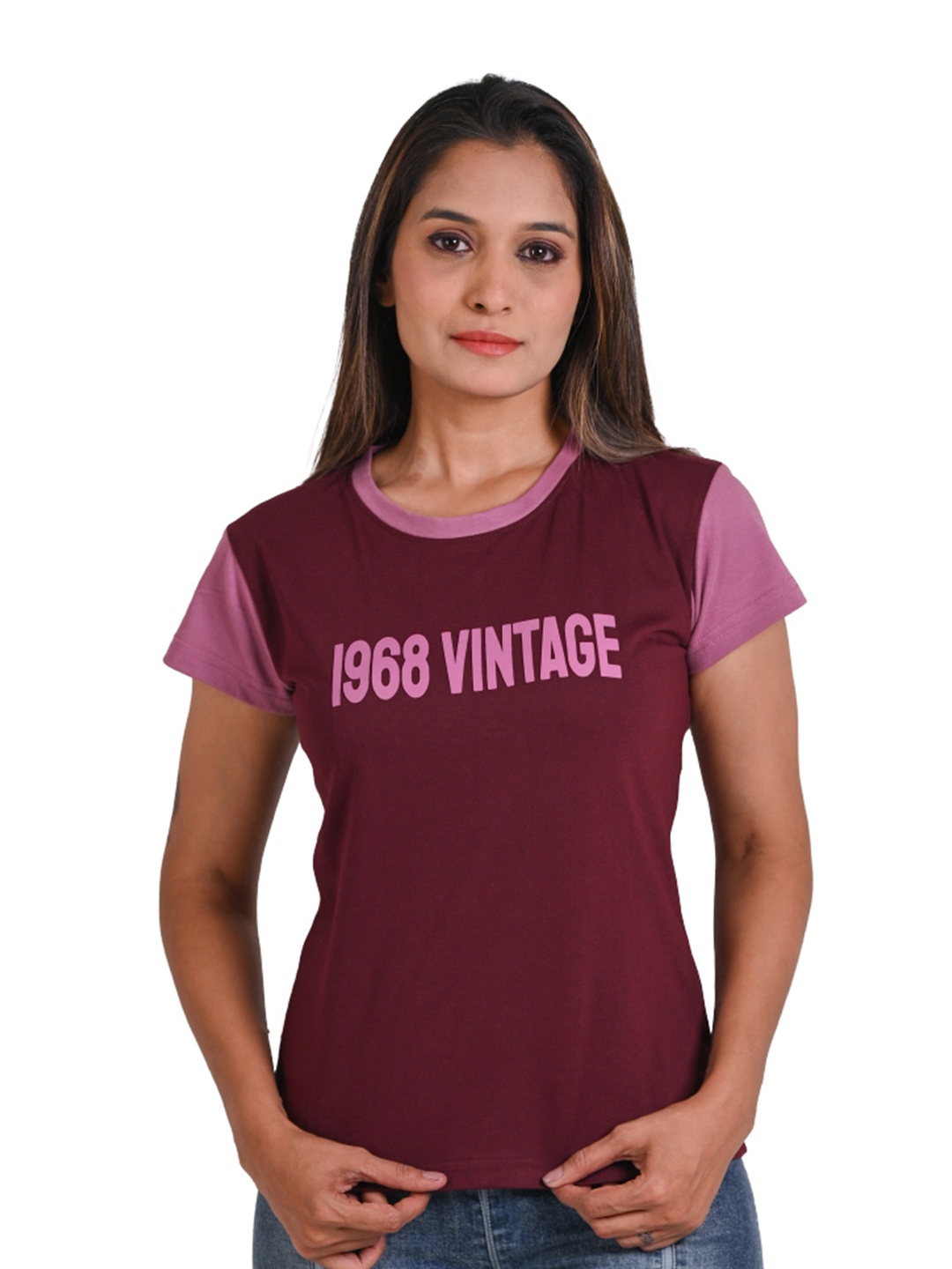 

1968 Vintage Jeans Women Typography Printed Round Neck Cotton T-shirt, Maroon