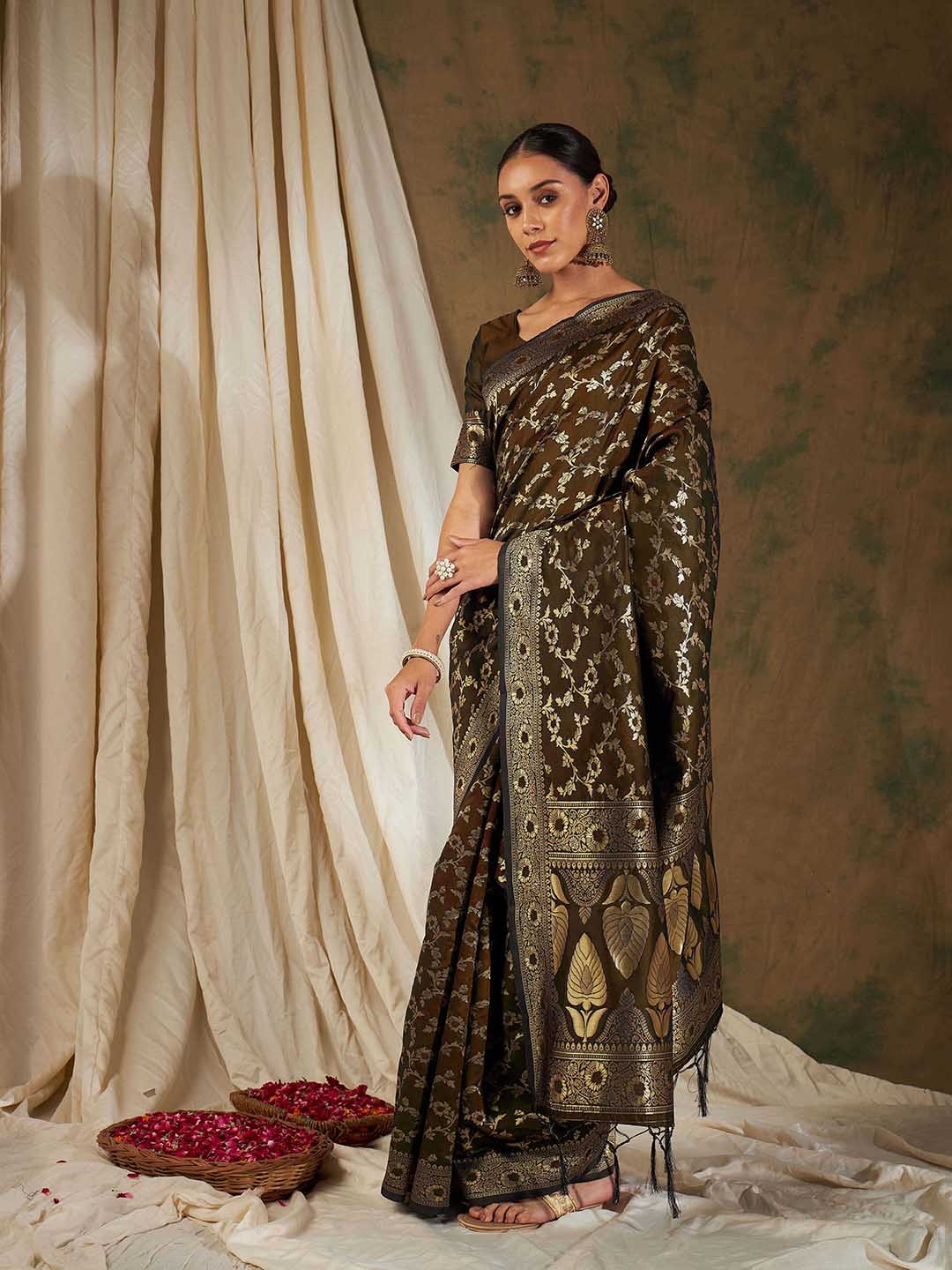 

DEVATITHI Woven Design Zari Banarasi Saree, Coffee brown