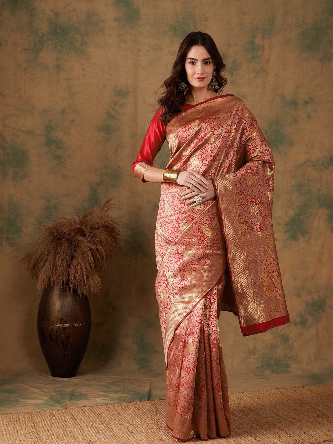 

DEVATITHI Woven Design Zari Red Banarasi Silk Saree