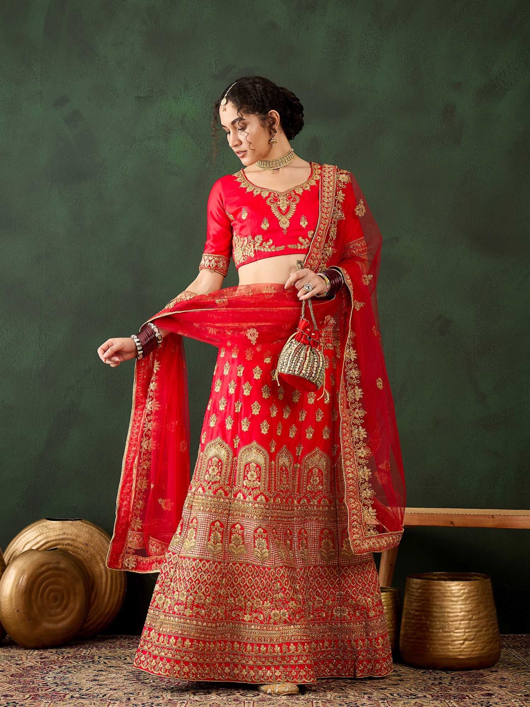 

DEVATITHI Embroidered Thread Work Silk Semi-Stitched Lehenga & Blouse With Dupatta, Red