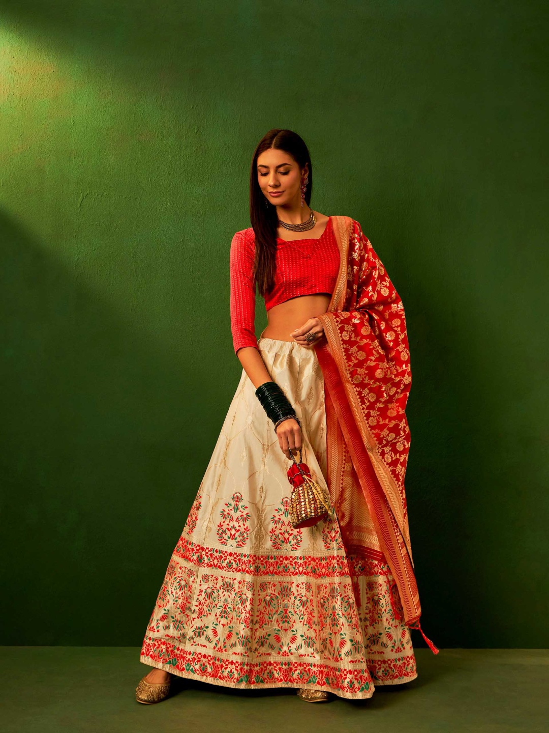 

DEVATITHI Floral Woven Design Silk Semi-Stitched Lehenga & Blouse With Dupatta, Beige