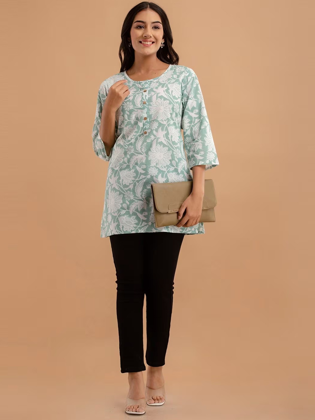 

LIVING ROOTS Floral Block Printed Pure Cotton Straight Casual Short Kurti, Green
