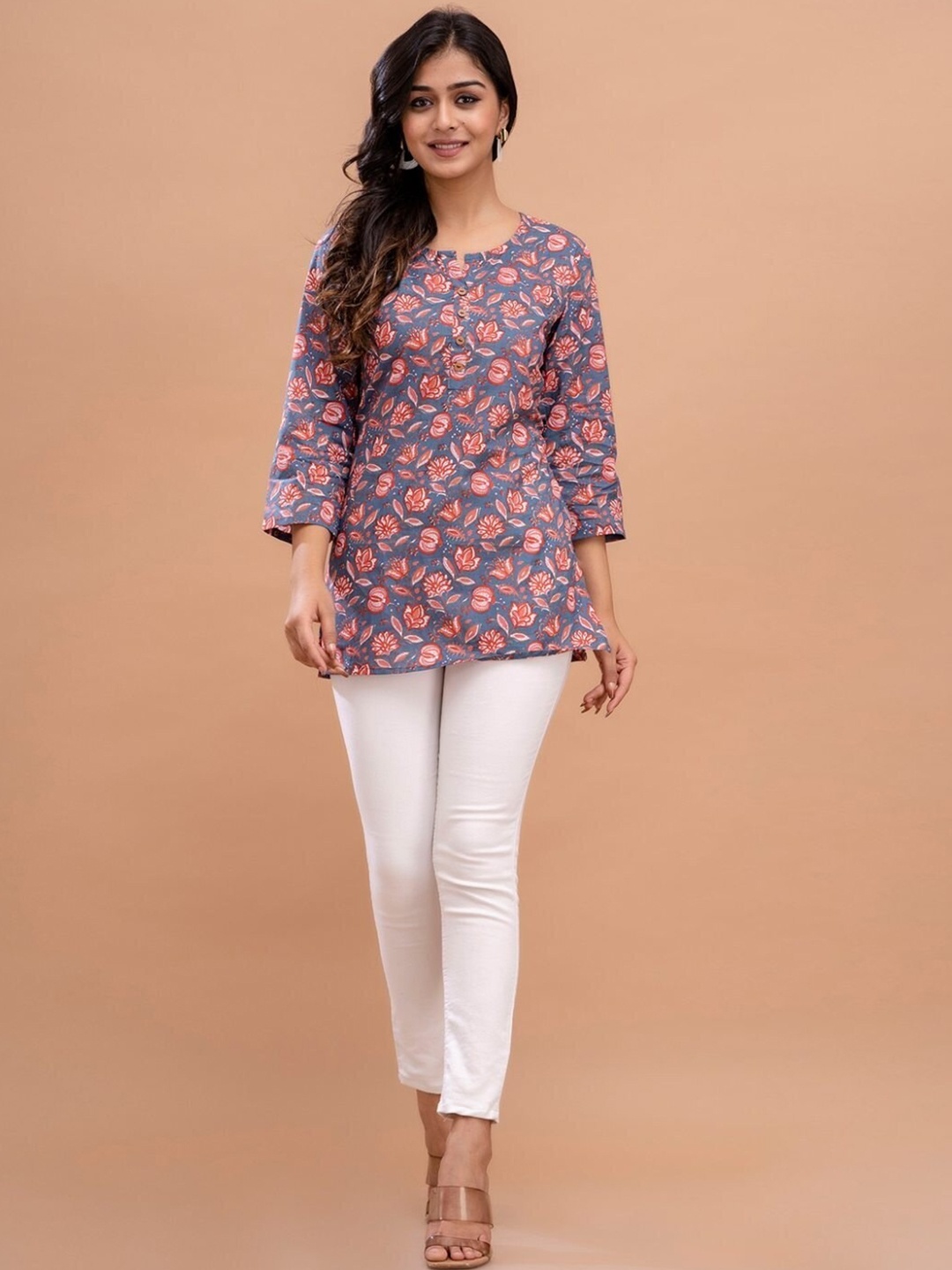 

LIVING ROOTS Floral Block Printed Pure Cotton Straight Casual Short Kurti, Purple