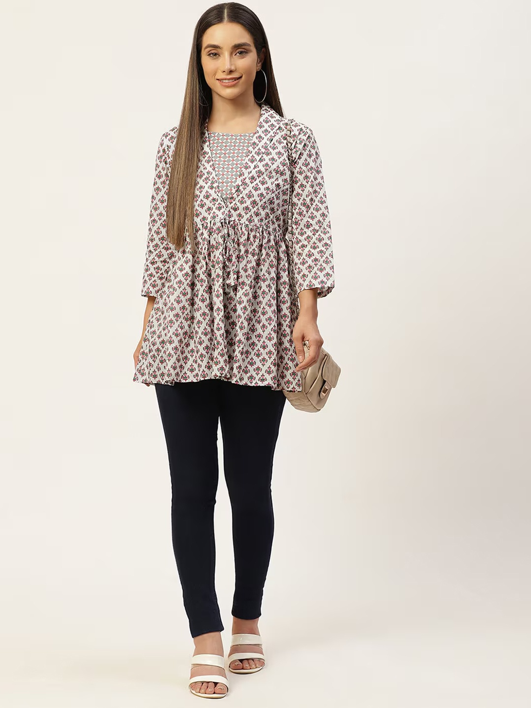 

LIVING ROOTS Floral Block Printed Shawl Neck Pure Cotton Pleated Casual Short Kurti, Grey
