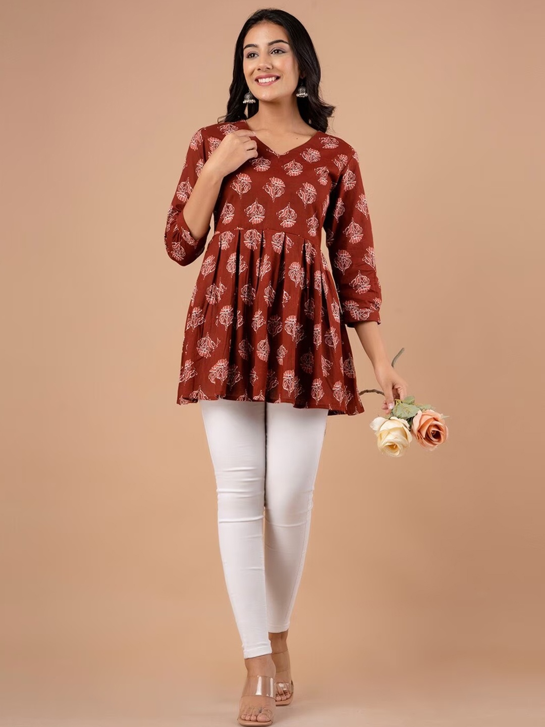 

LIVING ROOTS Floral Block Printed V-Neck Pure Cotton Pleated Straight Casual Short Kurti, Red