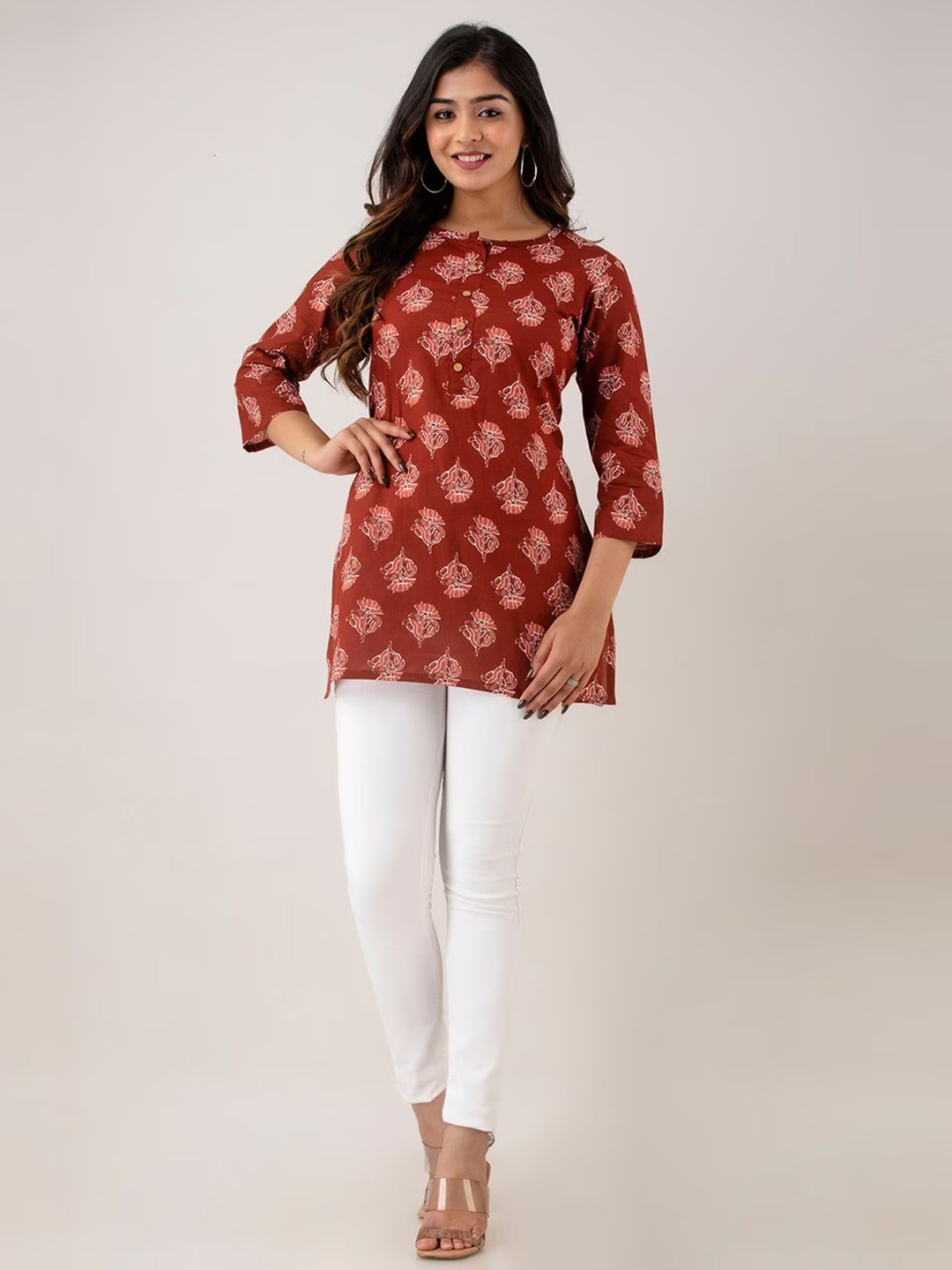 

LIVING ROOTS Floral Printed Pure Cotton Straight Kurti, Red