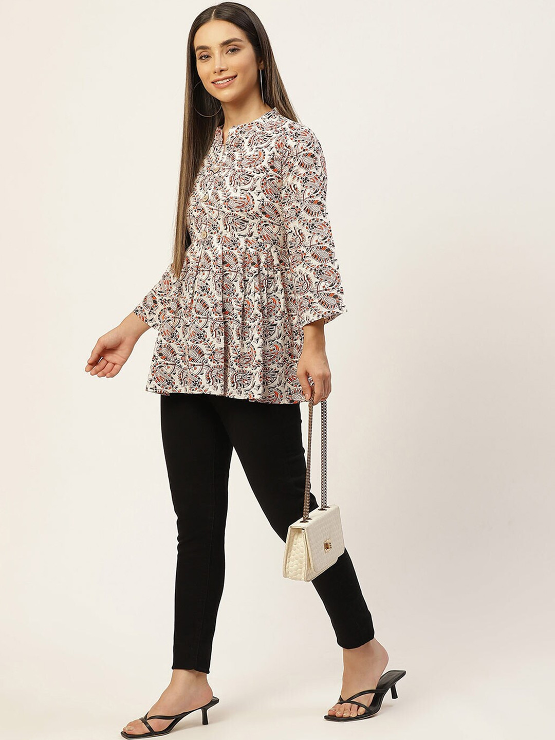 

LIVING ROOTS Floral Block Printed Pure Cotton Pleated Kurti, Off white