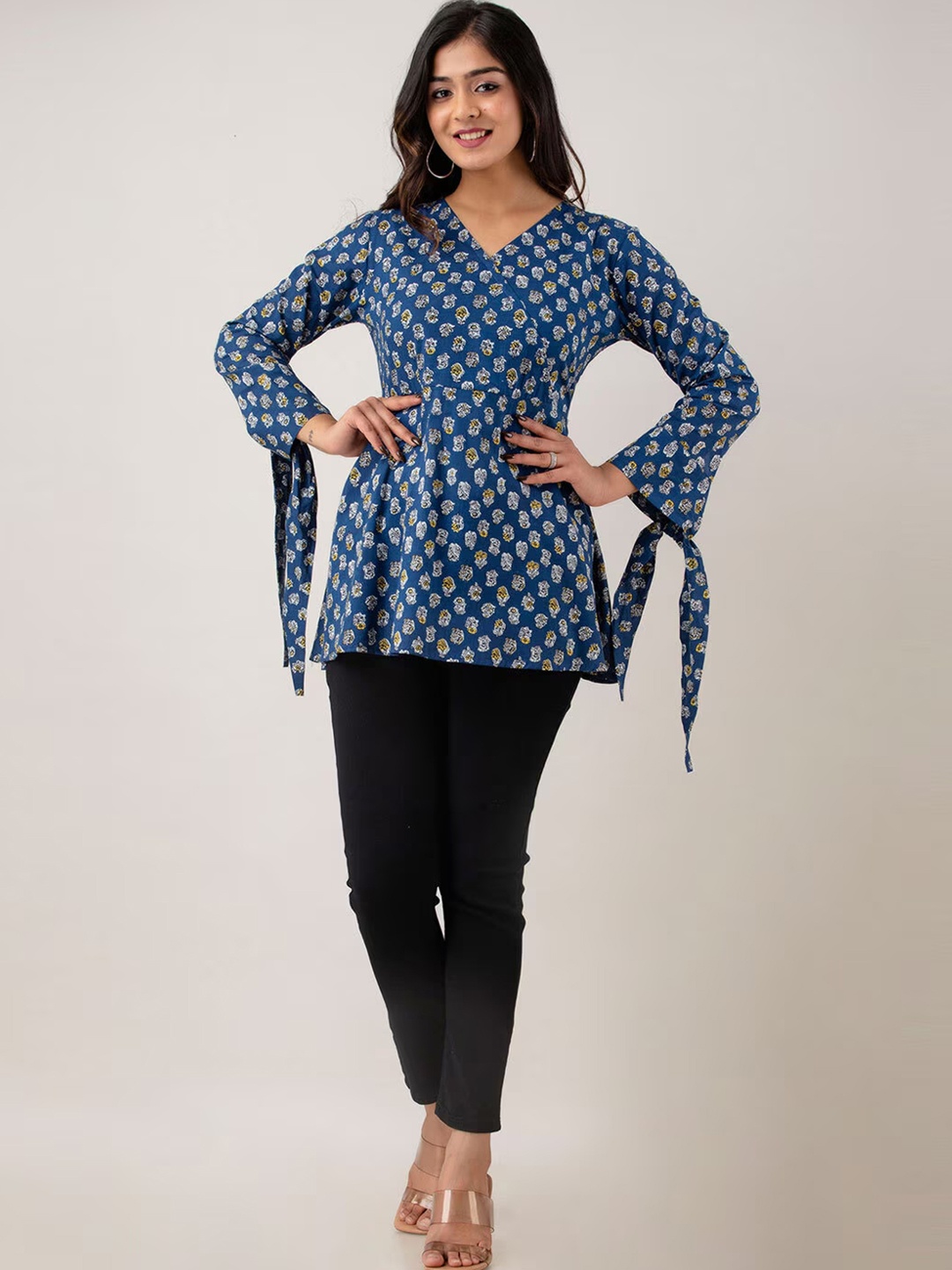 

LIVING ROOTS Floral Block Printed V-Neck Pure Cotton Angrakha Casual Short Kurti, Blue