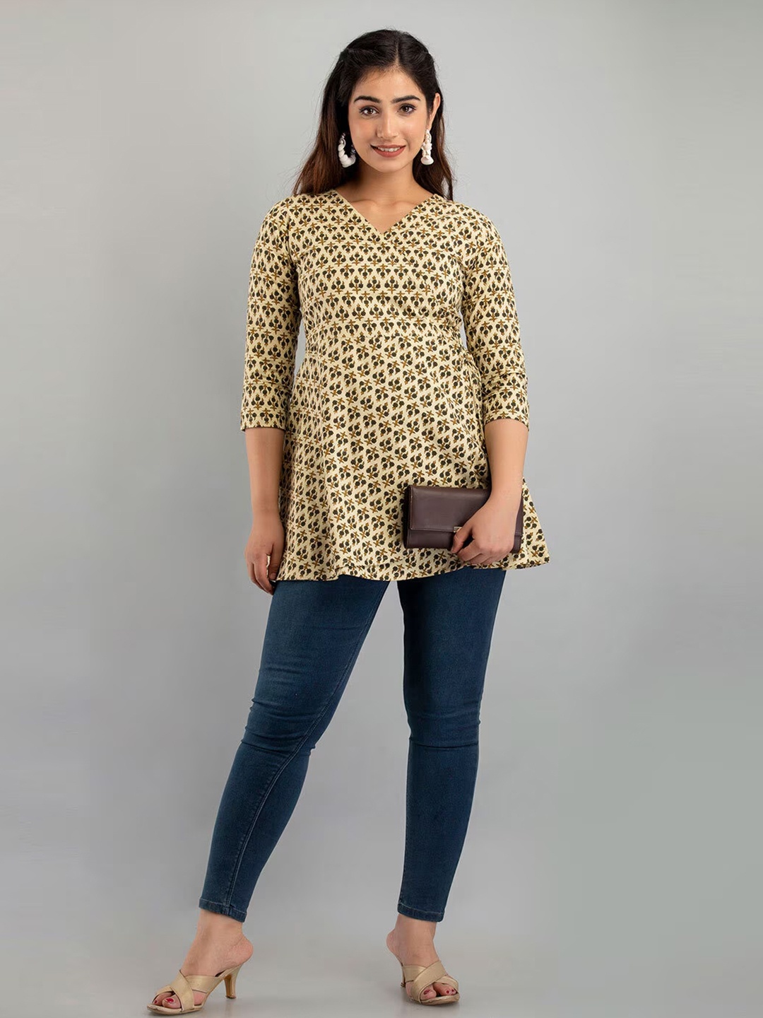 

LIVING ROOTS Women Floral Block Printed Pure Cotton Angrakha A-Line Casual Short Kurti, Beige