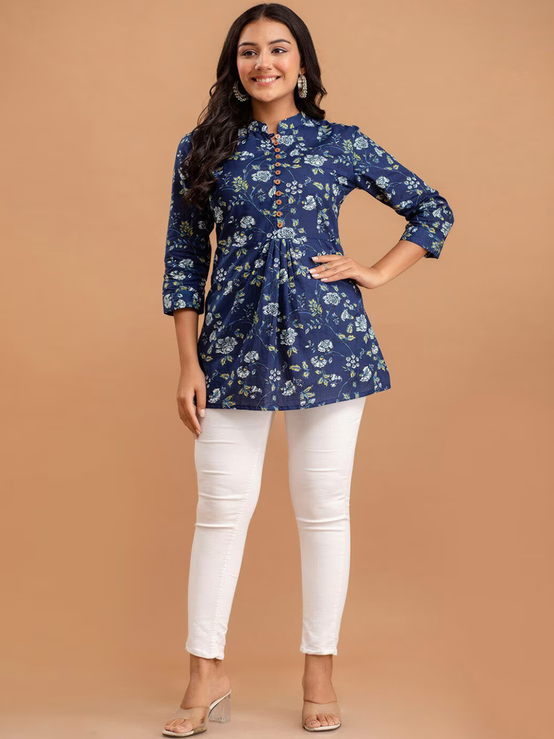 

LIVING ROOTS Floral Block Printed Pure Cotton A-Line Casual Short Kurti, Blue