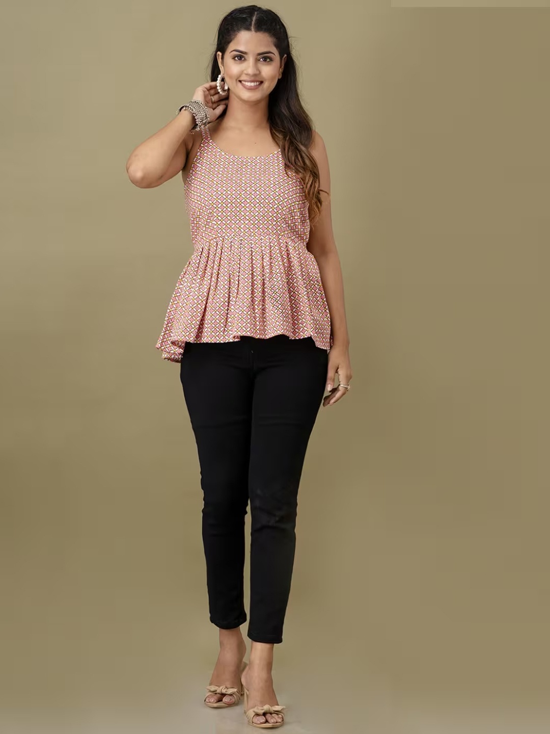 

LIVING ROOTS Printed Shoulder Straps Cotton Peplum Top, Pink