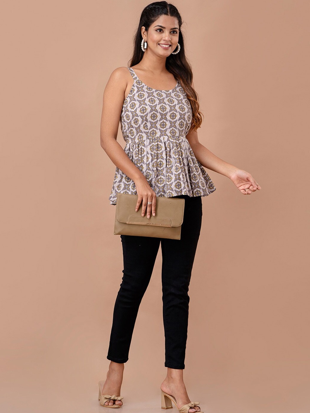 

LIVING ROOTS Women Floral Printed Cotton Peplum Top, Grey melange