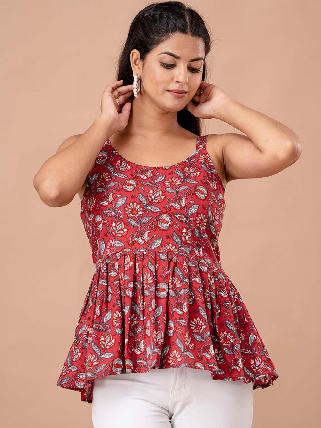 

LIVING ROOTS Floral Block Printed Shoulder Straps Pure Cotton Peplum Top, Red