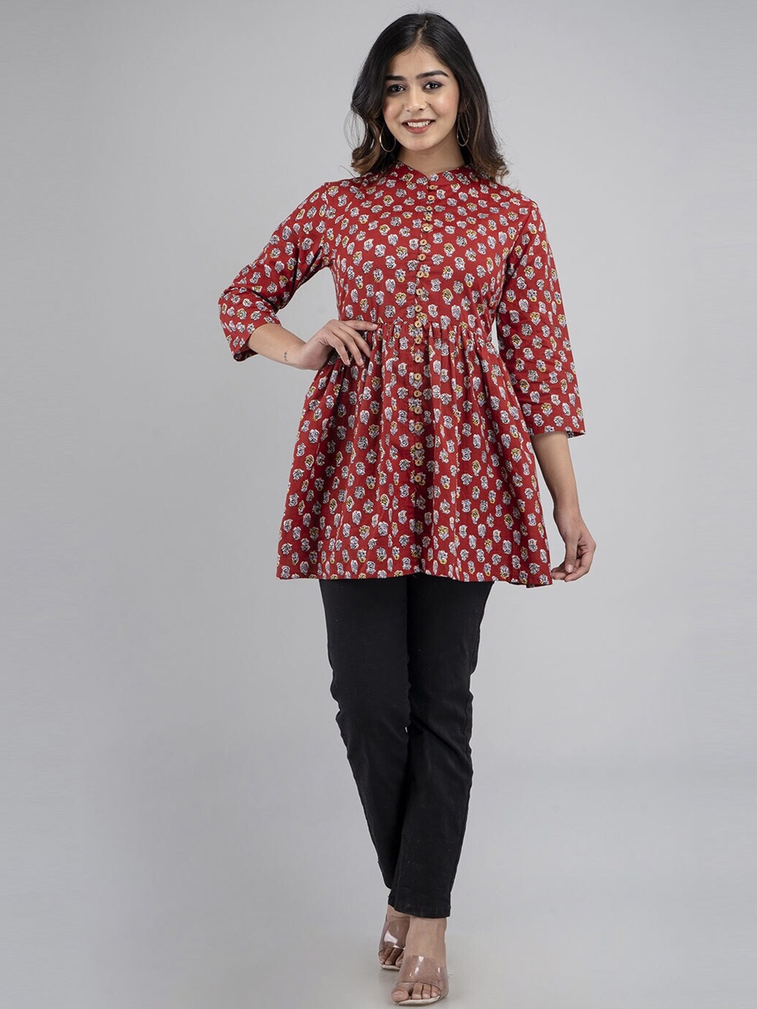 

LIVING ROOTS Floral Block Printed Pure Cotton Pleated Casual Short Kurti, Red