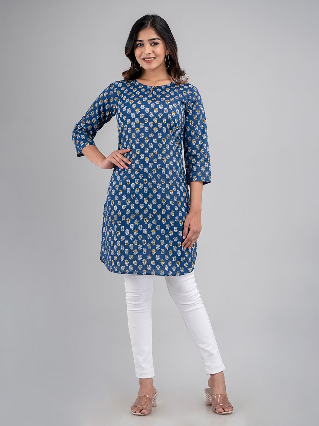 

LIVING ROOTS Floral Block Printed Pure Cotton Straight Casual Short Kurti, Blue