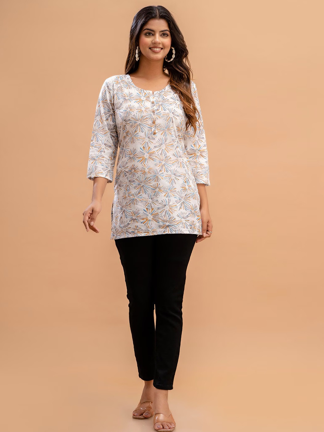 

LIVING ROOTS Floral Block Printed Pure Cotton Straight Casual Short Kurti, White