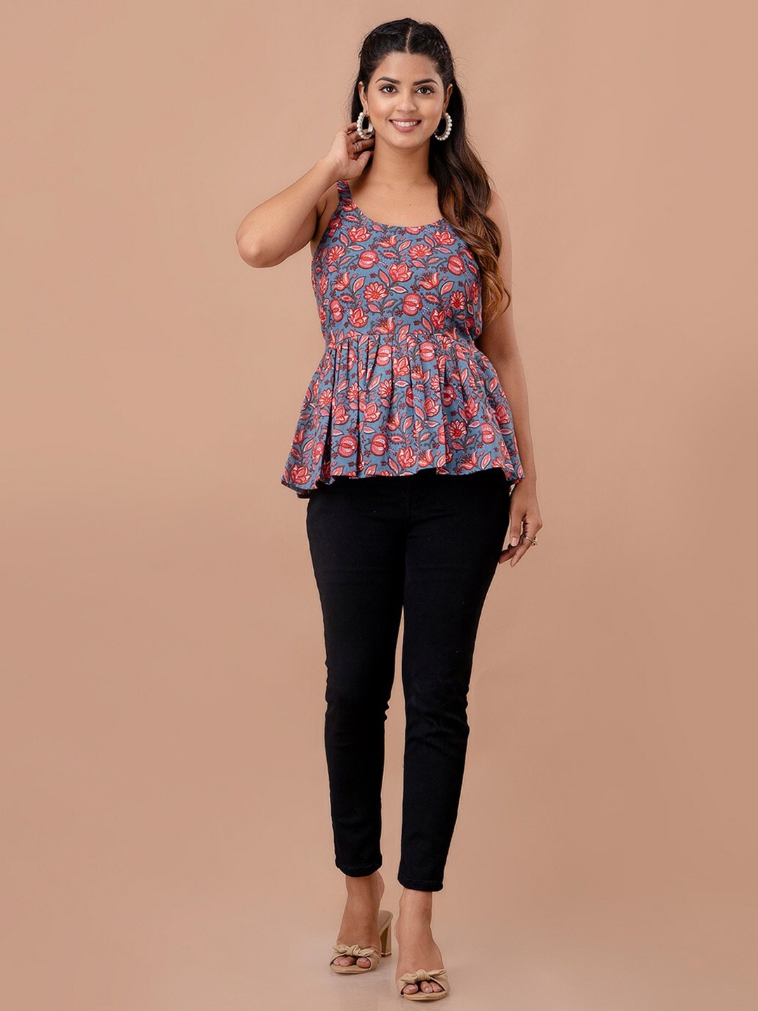 

LIVING ROOTS Floral Block Printed Shoulder Straps Pure Cotton Peplum Top, Purple