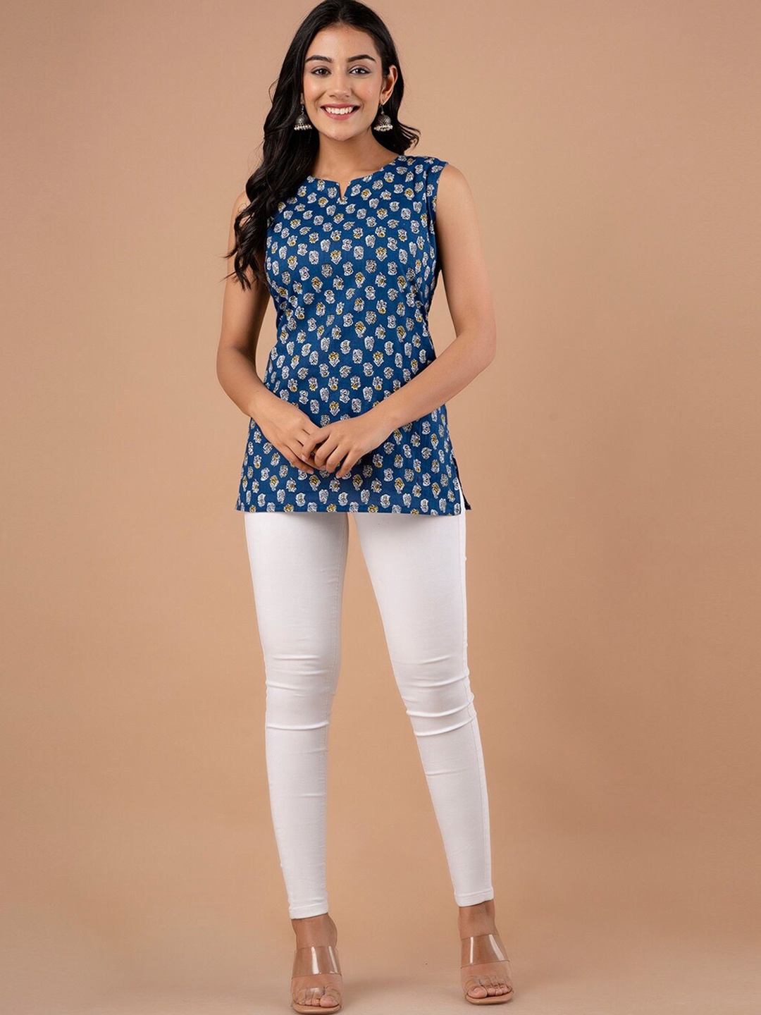 

LIVING ROOTS Floral Block Printed Pure Cotton Comfortable Straight Short Kurti, Blue