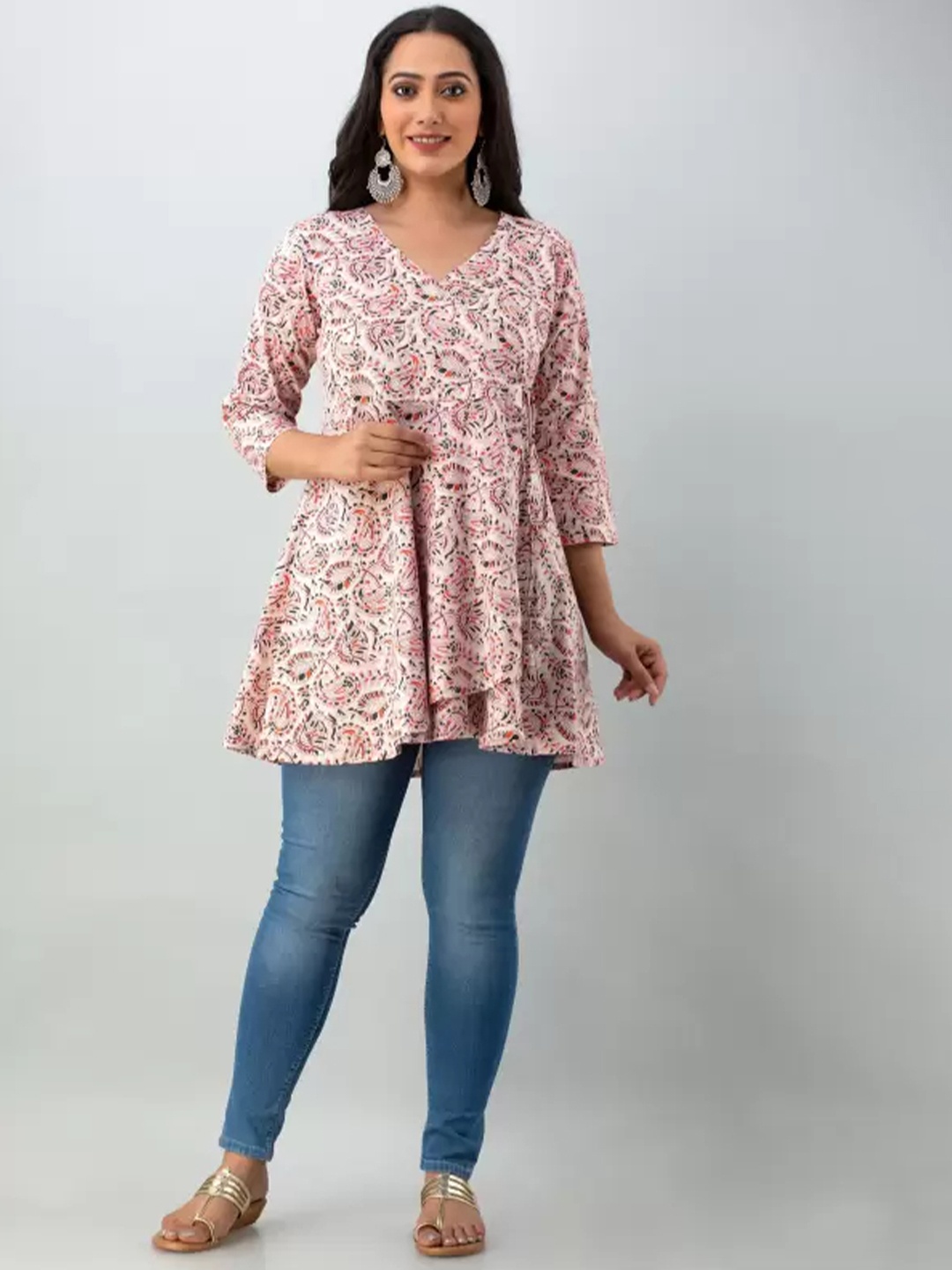 

LIVING ROOTS Floral Block Printed V-Neck Pure Cotton A-Line Casual Short Kurti, Pink