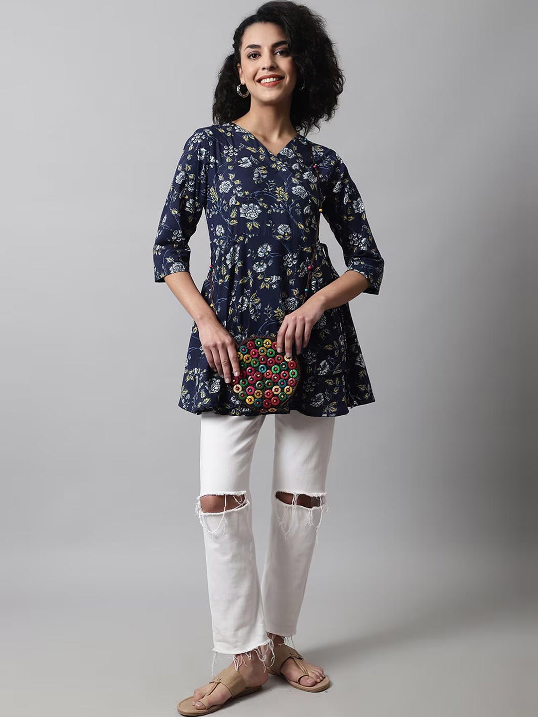 

LIVING ROOTS Floral Printed V-Neck Pure Cotton Angrakha A-Line Casual Short Kurti, Blue