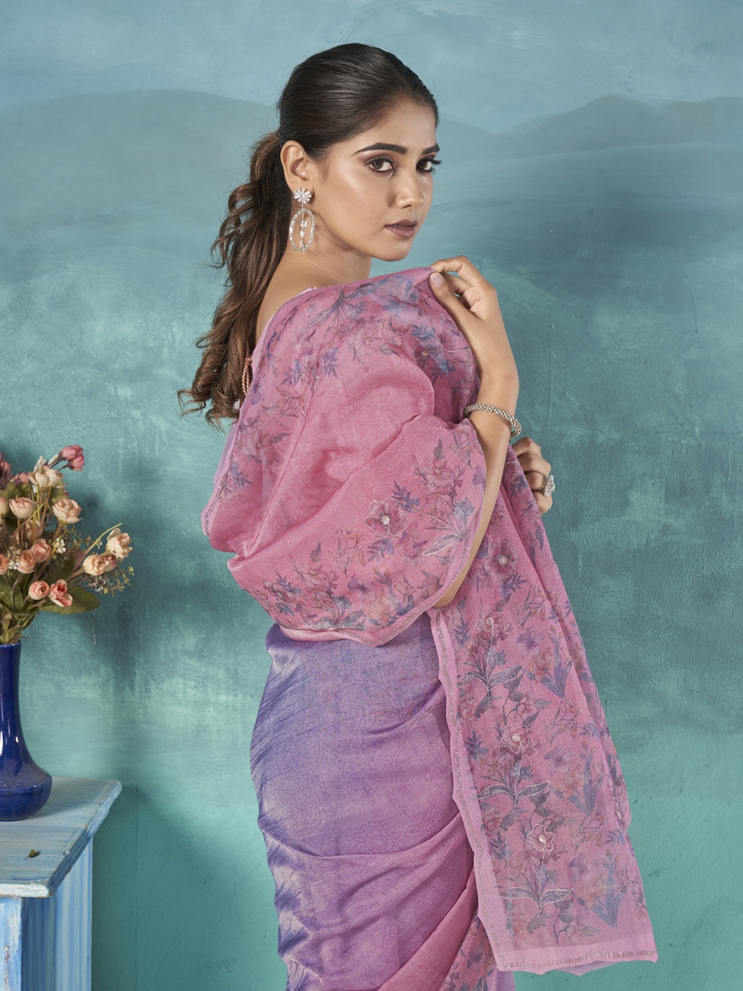 

Ethnielle Floral Printed Beads and Stones Tissue Saree, Fuchsia