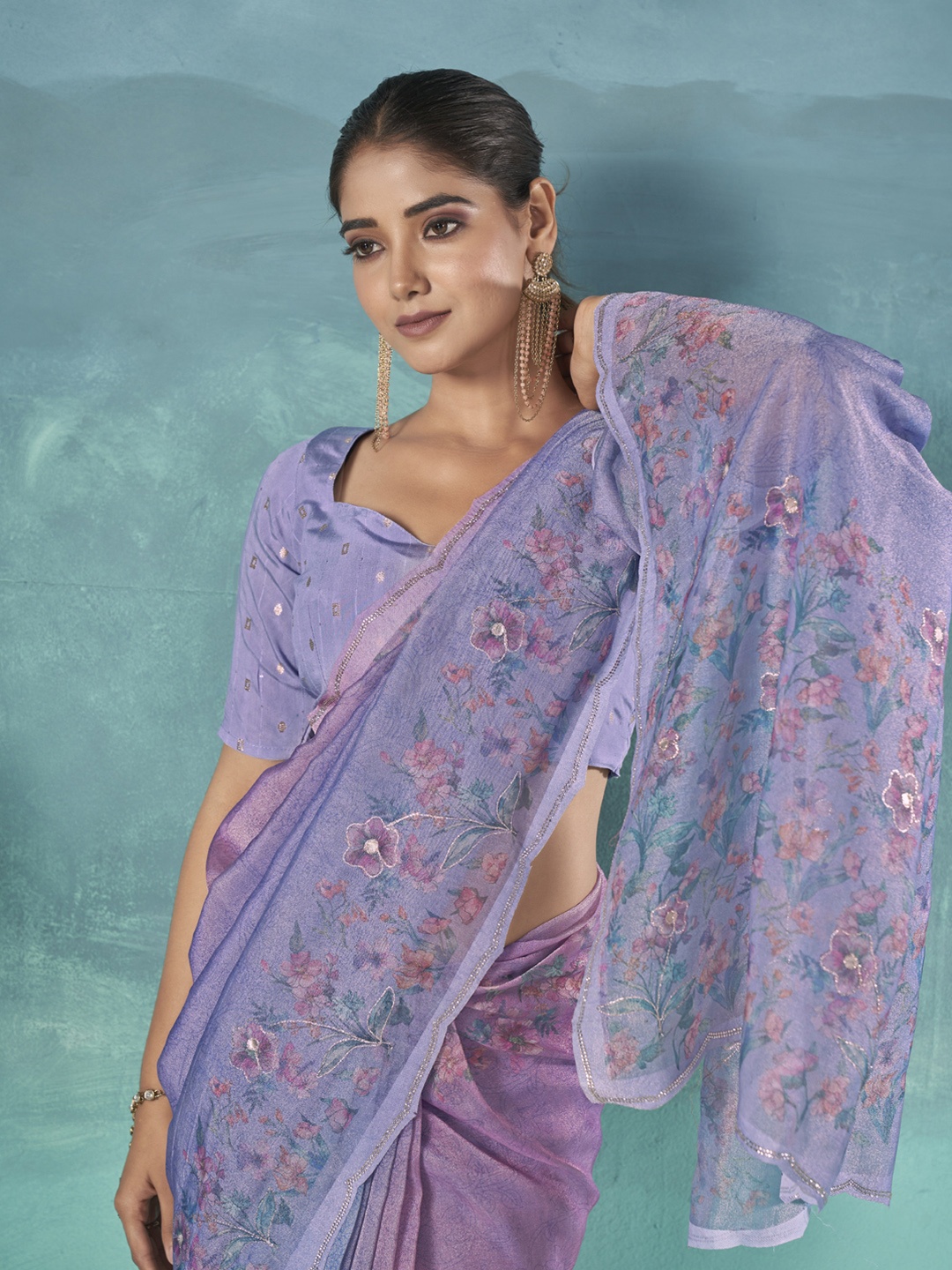 

Ethnielle Floral Beads and Stones Tissue Saree, Purple