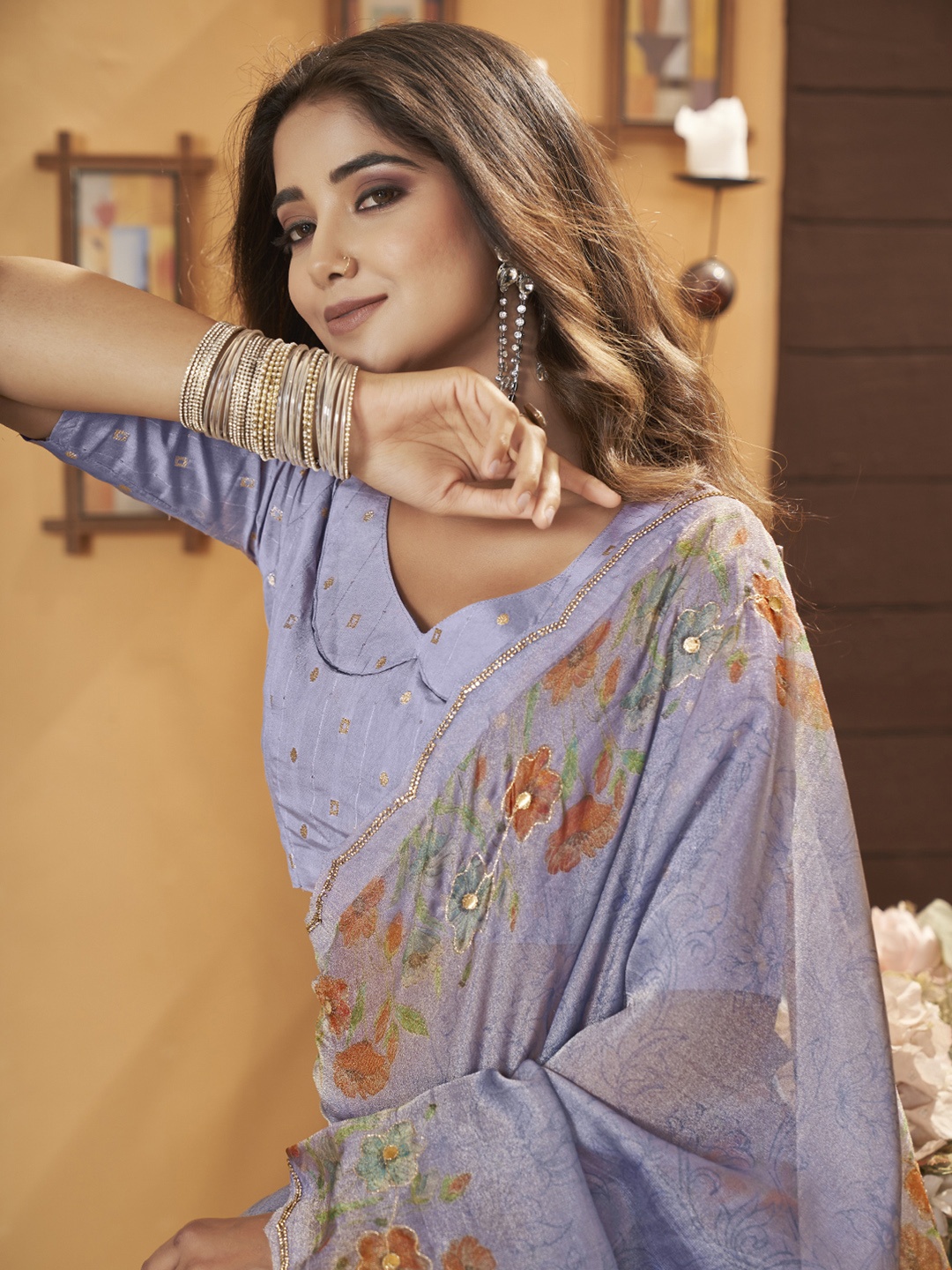 

Ethnielle Floral Embellished Beads and Stones Banarasi Saree, Lavender