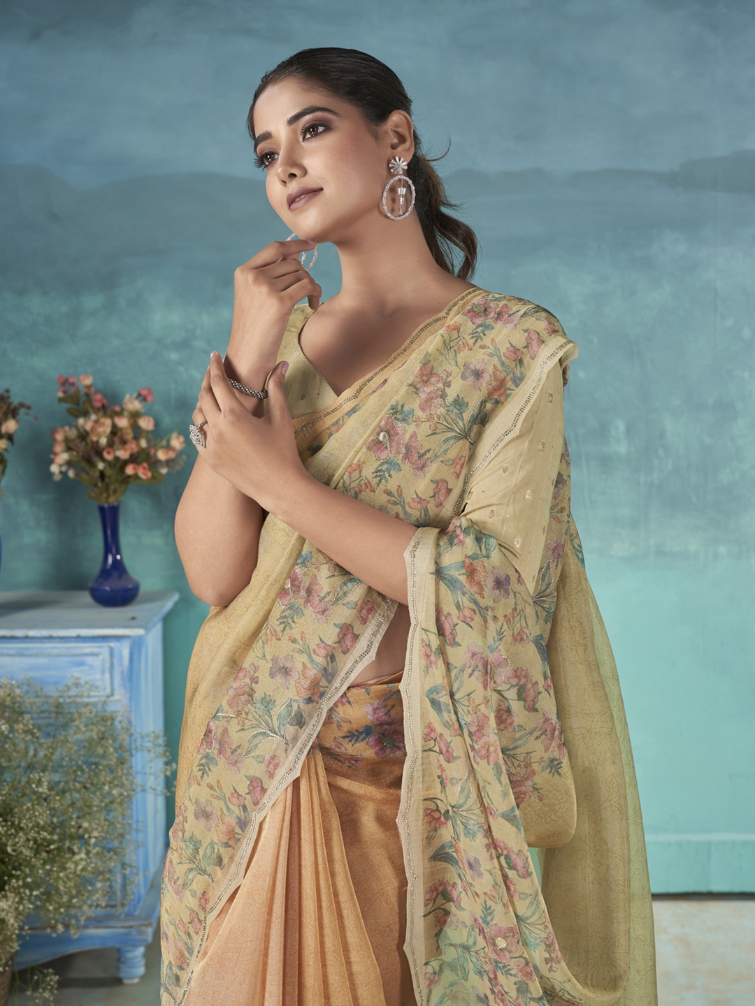 

Ethnielle Floral Embellished Beads and Stones Saree, Mustard