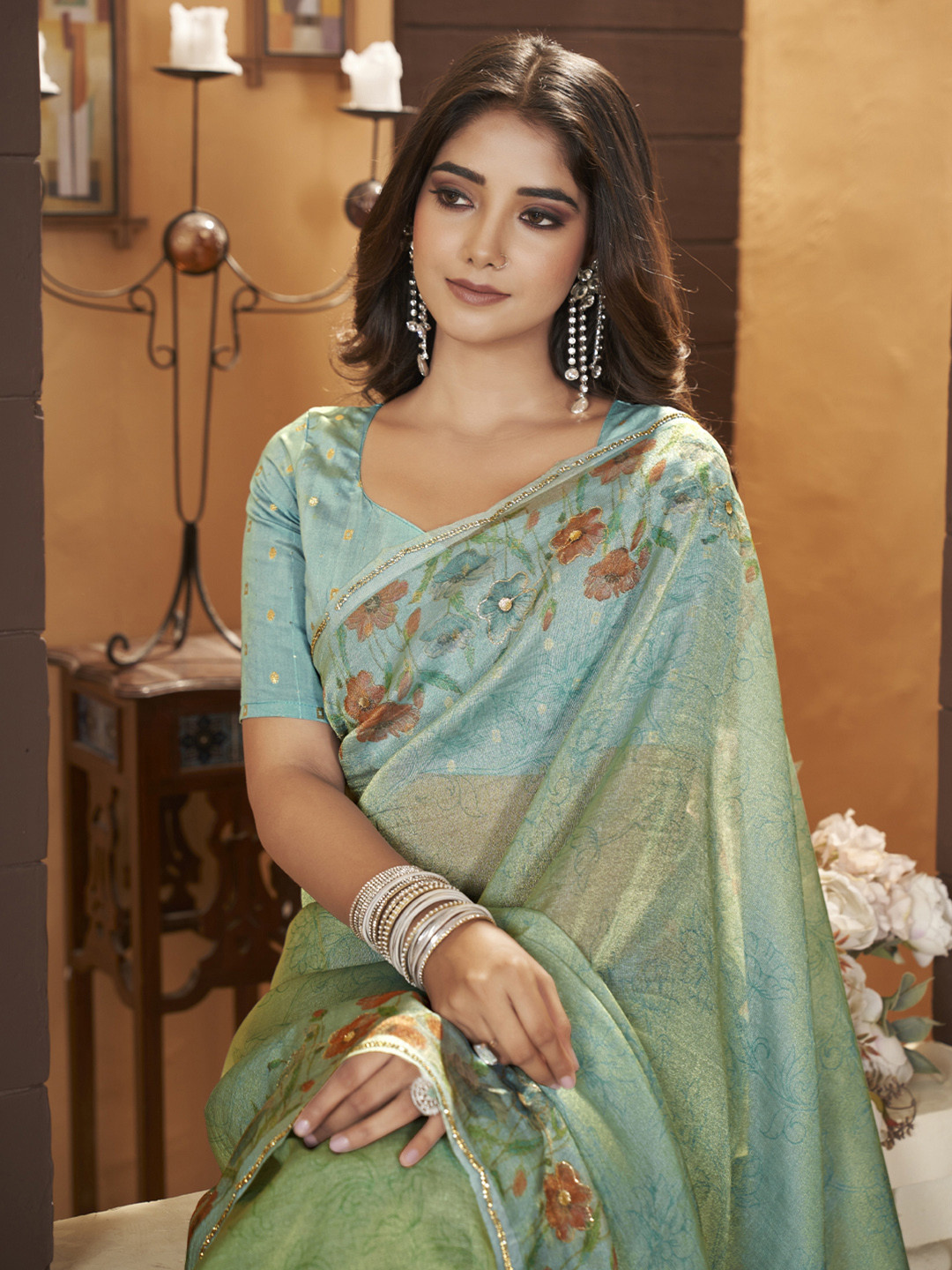

Ethnielle Floral Printed Beads and Stones Banarasi Saree, Teal