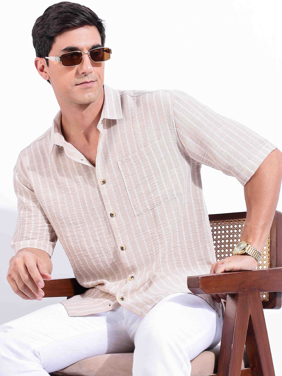 

HERE&NOW Men Relaxed Fit Spread Collar Vertical Striped Casual Shirt, Beige