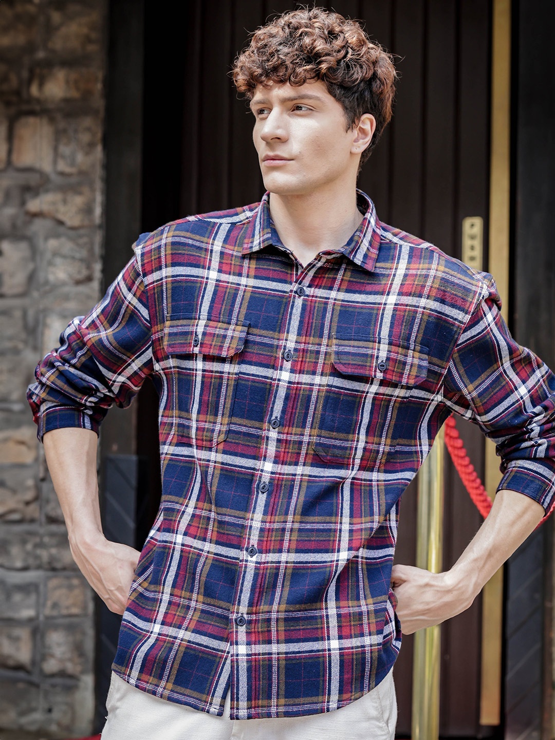 

HERE&NOW Men Spread Collar Tartan Checked Cotton Casual Shirt, Navy blue