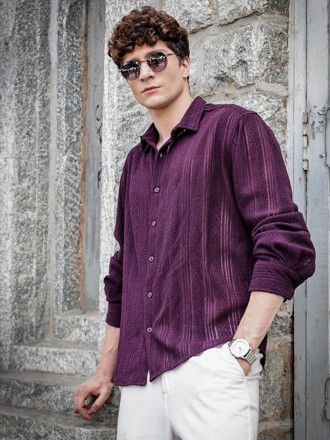 

HERE&NOW Men Relaxed Fit Spread Collar Textured Casual Shirt, Burgundy