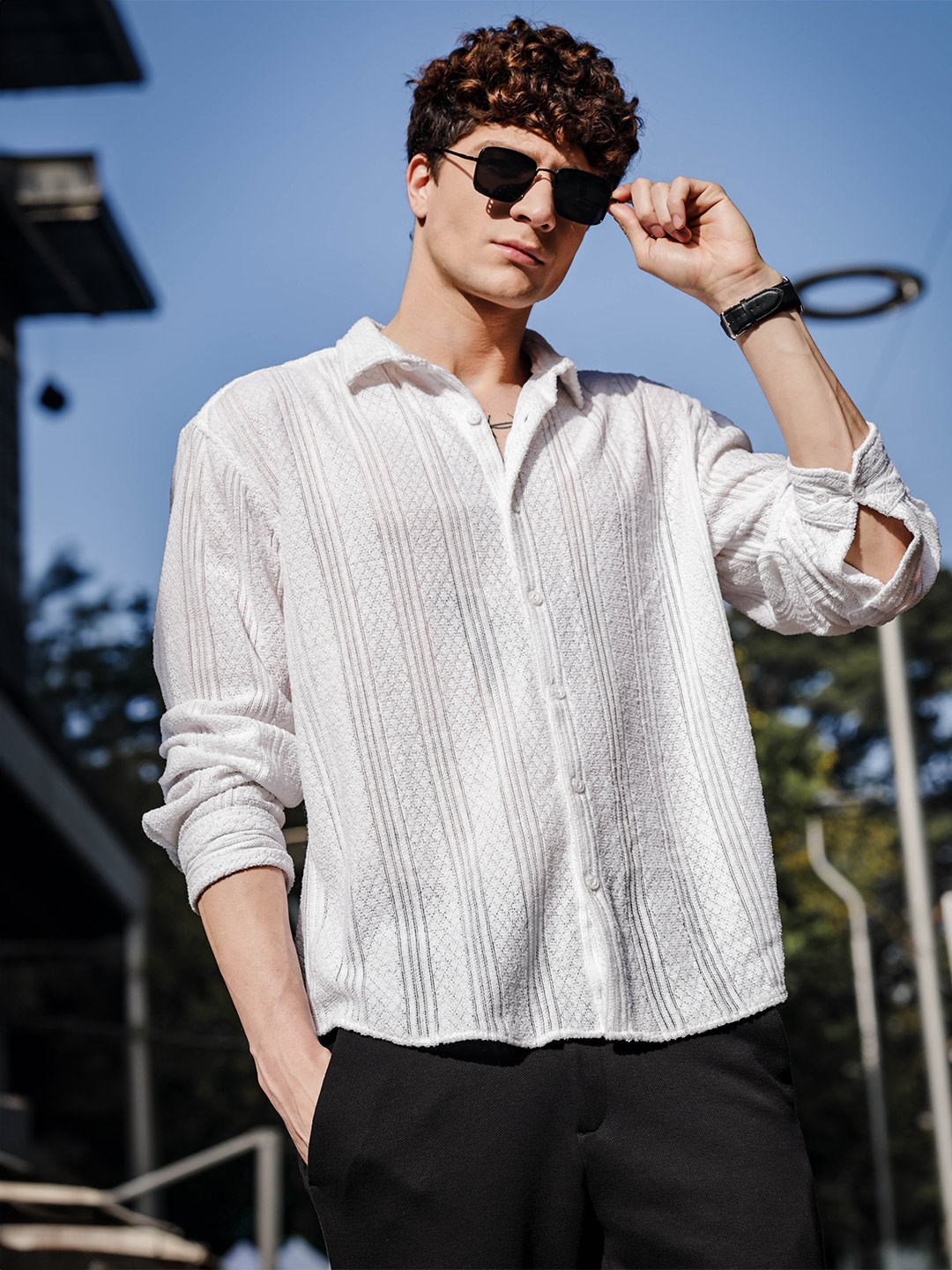 

HERE&NOW Men Relaxed Fit Spread Collar Textured Casual Shirt, White
