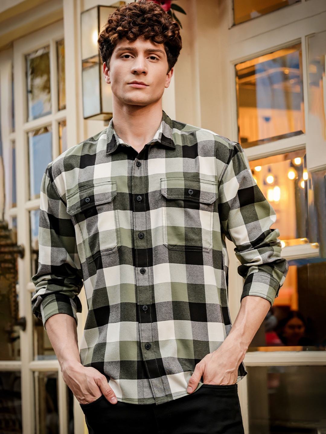 

HERE&NOW Men Spread Collar Buffalo Checked Casual Shirt, White
