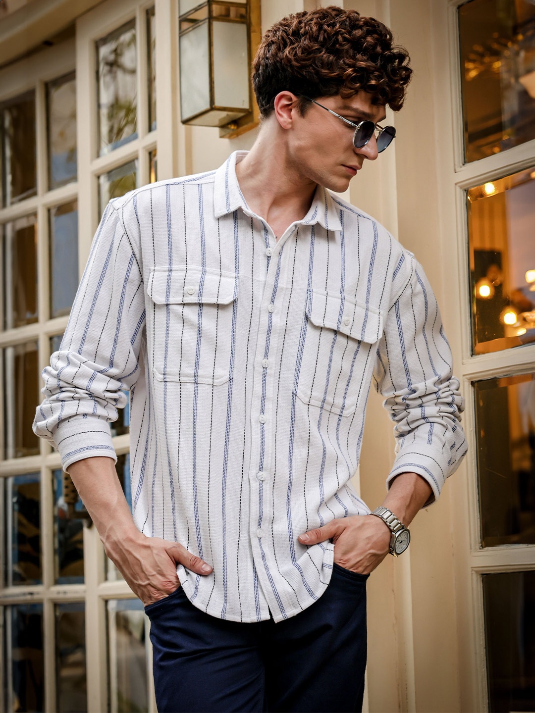 

HERE&NOW Men Spread Collar Vertical Striped Cotton Casual Shirt, White