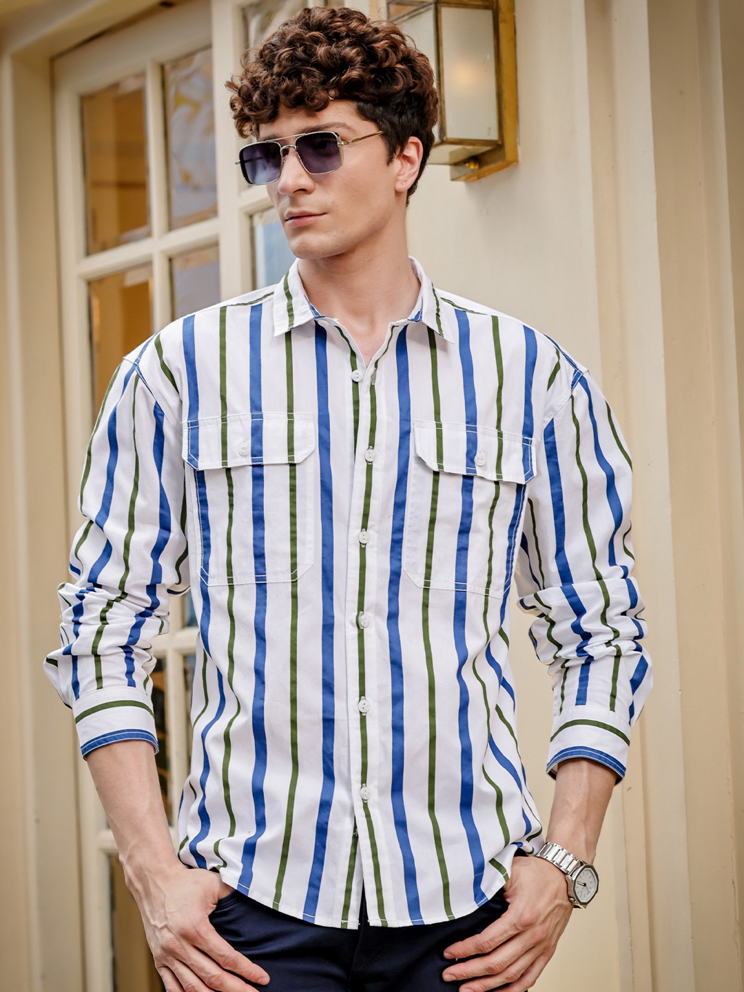 

HERE&NOW Men Relaxed Fit Spread Collar Vertical Striped Cotton Casual Shirt, White