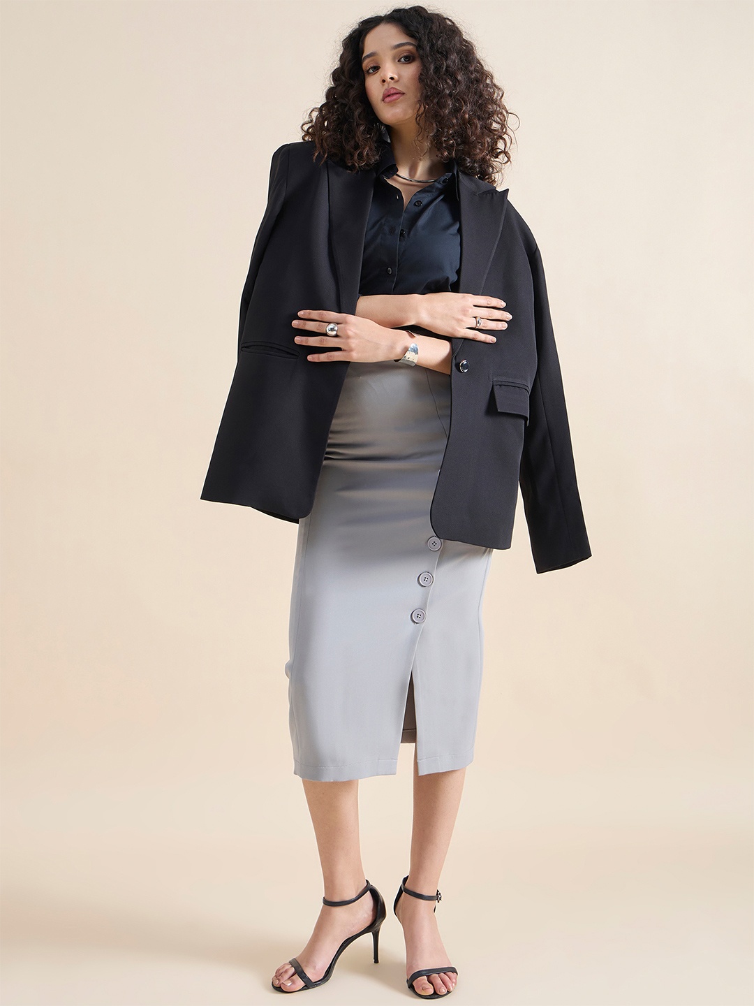 

PowerSutra Straight Fit Stretch Longline Button Detail Grey Skirt