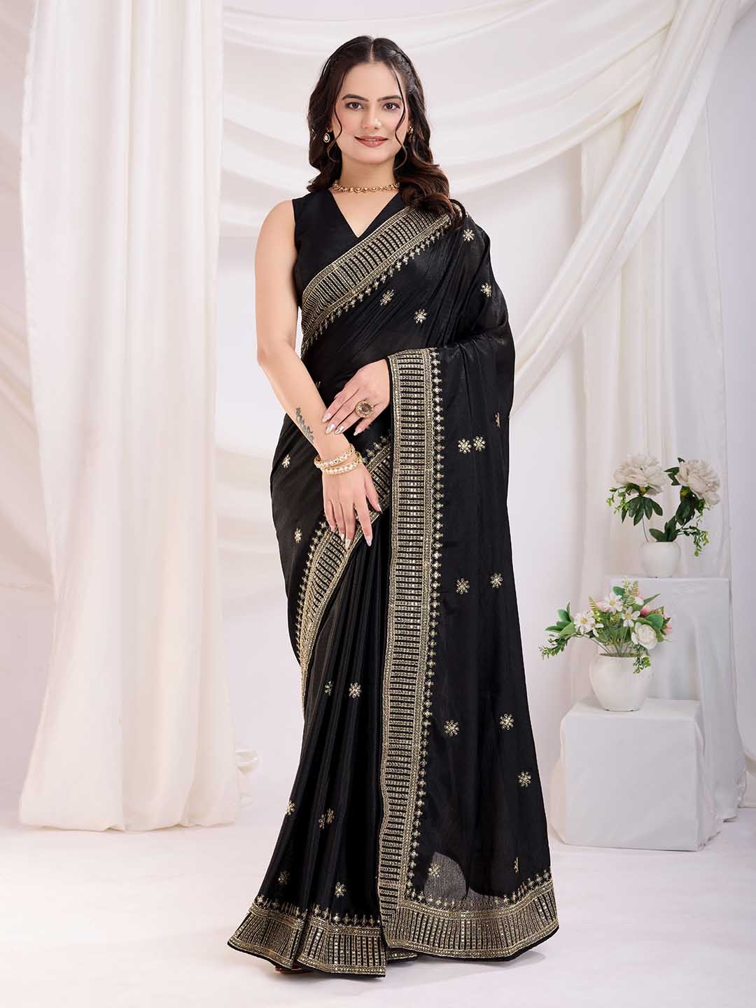 

HERE&NOW Cadberry Floral Embroidered Saree, Black