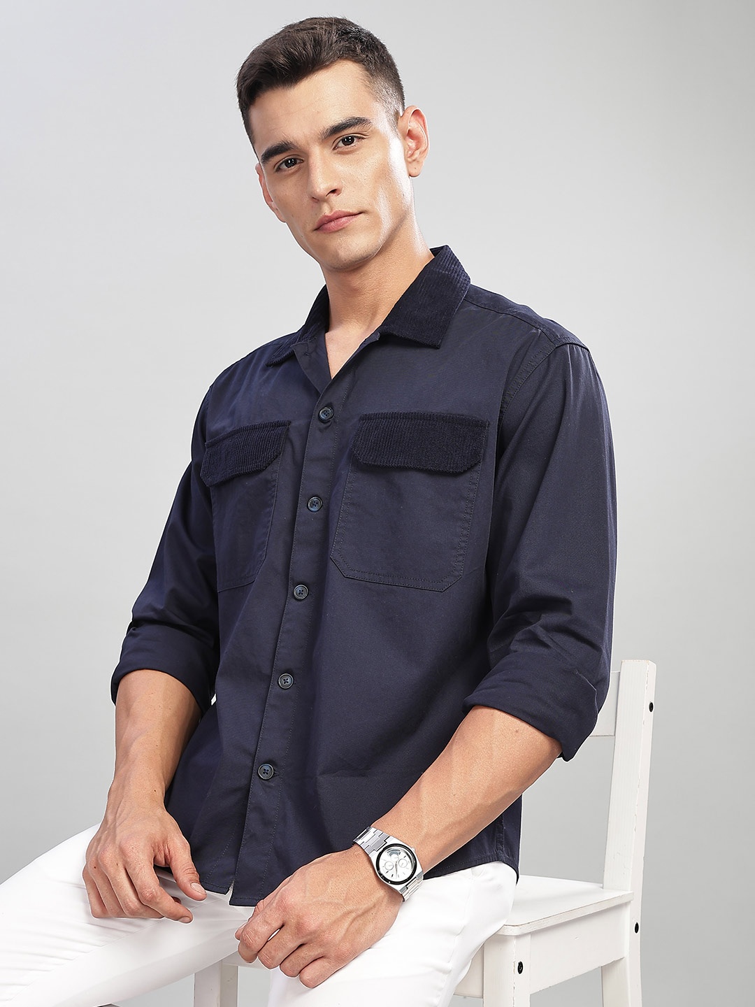 

HERE&NOW Men Relaxed Fit Spread Collar Solid Cotton Casual Shirt, Navy blue